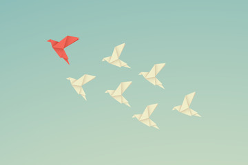 vector business finance leadership concept with origami red paper bird leading among white. Symbol leadership, strategy, mission, objectives - obrazy, fototapety, plakaty