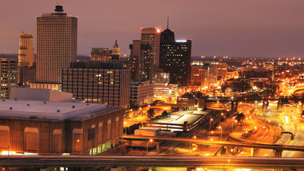 Memphis, Tennessee city center after dark
