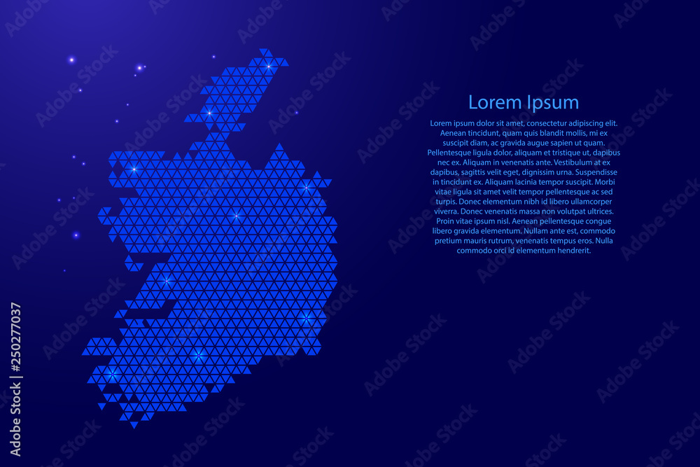 Poster ireland map abstract schematic from blue triangles repeating pattern geometric background with nodes