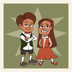 little girl and boy posing in photo vector cartoon
