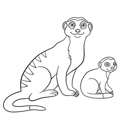 Coloring pages. Mother meerkat with her cute baby.