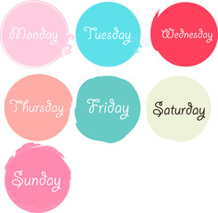 Days of the week hand drawn lettering. 7 separate words with colorful circle backgrounds. Monday, Tuesday, Wednesday, Thursday, Friday, Saturday, Sunday. Vector illustration.