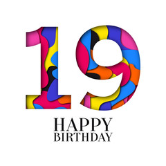 Number 19 Happy Birthday colorful paper cut out design