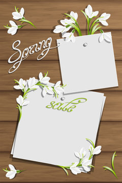 Relief board with photo and place for inscription. Mockup with spring sale inscription and snowdrop flowers. Inspiration board. Swirl handwritten text