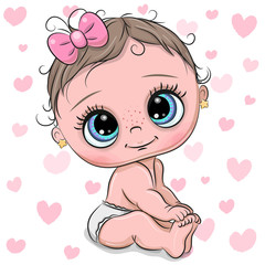 Cartoon baby girl on a hearts background