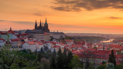 Fototapeta na wymiar A beautiful spring view of Prague at sunrise from Petrin hill. Prague Castle and St. Vitus Cathedral on the left side.
