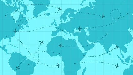 World map with airline routes, silhouette of world map with icons of airplanes, international flights, dotted line air path. Vector illustration