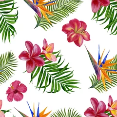 Poster Floral tropical pattern for wallpaper or fabric. Seamless pattern with flowers and leaves. Watercolour illustration hand painted. © Nadezhda St.