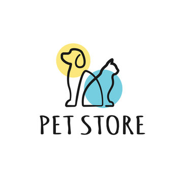 Dog and Cat logo design template. Graphic sitting puppy logotype, sign and symbol. Pet silhouette label illustration isolated on background. Modern animal badge for veterinary clinic - Vector