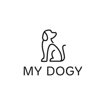 Dog logo design template. Graphic sitting puppy logotype, sign and symbol. Pet silhouette label illustration isolated on background. Modern animal badge for veterinary clinic, pet food - Vector