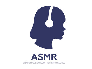 Autonomous sensory meridian response, ASMR logo or icon. Female head profile with headphones, enjoying sounds, whisper or music. Vector illustration flat line style