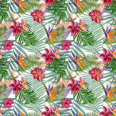 Tropical plants seamless pattern for fabric, wallpaper and wrapping paper. Watercolor illustration of hand painting. Perfect for textiles, wrapping paper, wallpaper, backgrounds, etc.