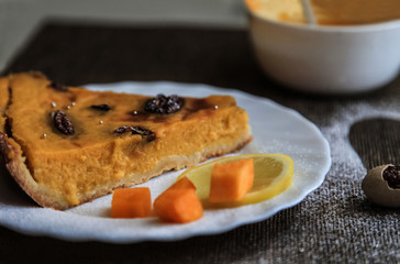 Pumpkin Pie with Lemon, Cinnamon and Pecans. Thanksgiving Day