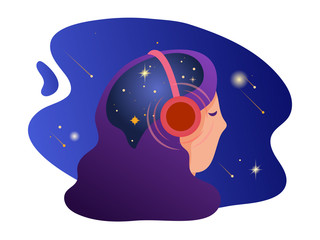 Girl listening to the music in headphones, with mind full of stars. Vector illustration modern flat style. Space cosmos background.
