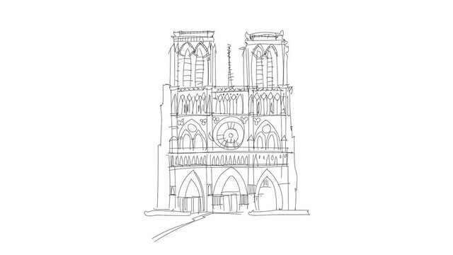 Paris, France,Notre Damme Cathedral.Hand drawn sketch video footage.