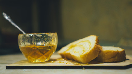 Honey and pieces of bread