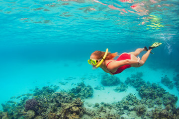 Naklejka na ściany i meble Young woman in snorkeling mask dive underwater with tropical fishes
