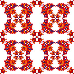 Pattern of drawn red floral elements in Indian style kalamkari on a white background for a festive vintage design.