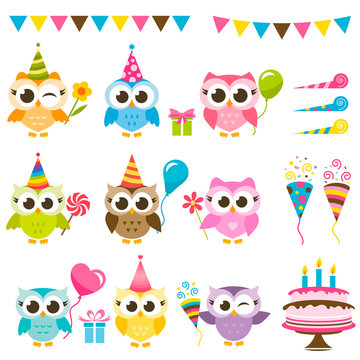 Set of cute owls with Birthday elements