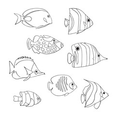Tropical fish icon set. Vector isolated characters. Butterflyfish, Clown Triggerfish, Damsel, Anemonefish, Angelfish, Clownfish black white. Hand drawn marine underwater doodle animals. Coloring book.