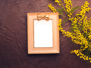 Frame with bow and mimosa on dark backdrop