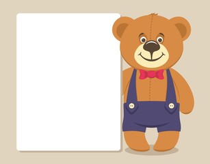Cute brown Teddy bear holds a white sheet of paper for text. Cartoon character on beige background. Copy space. Vector illustration. Flat style.