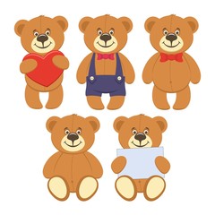 Set of funny brown Teddy bears. With a big heart, in purple shorts, with a red bow, with a white sheet of paper for text. Sitting and standing. Cartoon characters isolated on white background. Vector