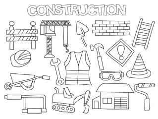 Construction set of icons and objects. Hand drawn doodle building renovation design concept. Black and white outline coloring page game. Monochrome line art. Vector illustration.