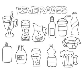 Beverages set of icons and objects. Hand drawn doodle drinks and bottles design concept. Black and white outline coloring page game. Monochrome line art. Vector illustration.