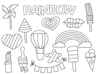 Rainbow set of icons and objects. Hand drawn doodle cute girly design concept. Black and white outline coloring page game. Monochrome line art. Vector illustration.
