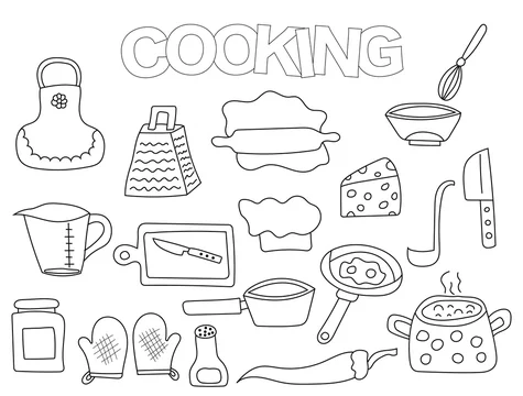 Kitchen Utensils Coloring Page Black and White Vector Art Simple Line Art ·  Creative Fabrica