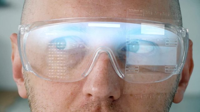 future technology, virtual reality and programming concept - close up of man in smart glasses with coding on lenses