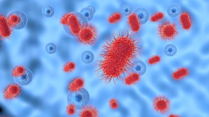 3D illustration of process infecting cell of pathogenic microorganisms.