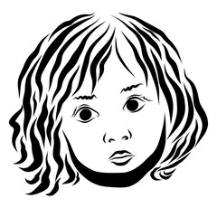 beautiful baby with long curly hair, black lines, look