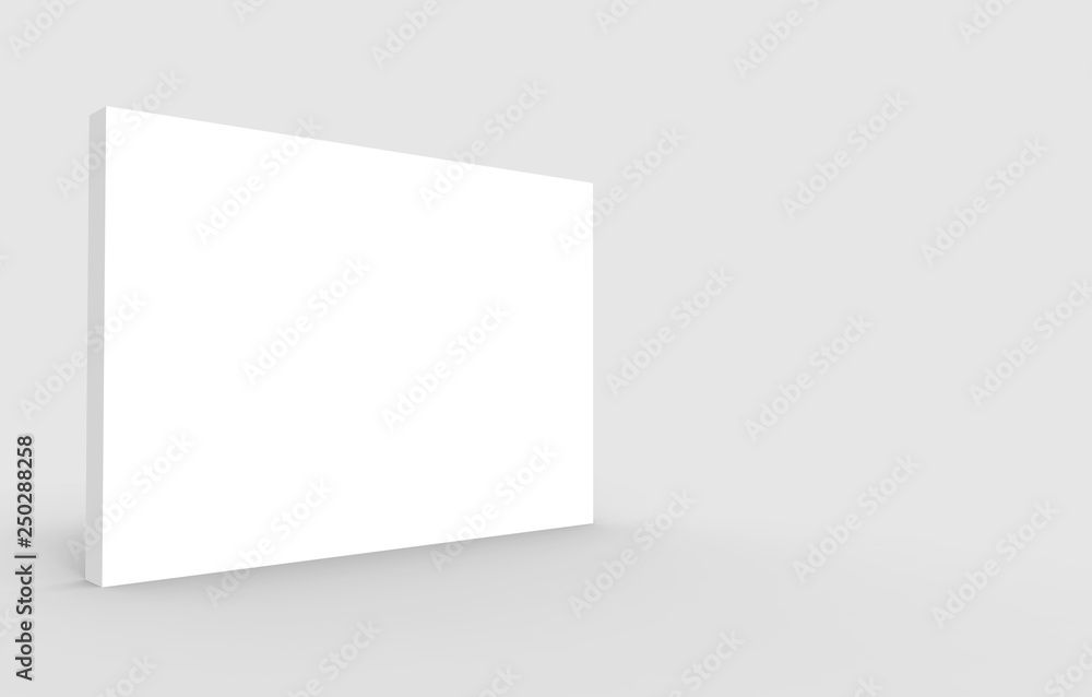 Poster 3d rendering. empty blank white rectangle box whiteboard with clipping path on gray backgorund.