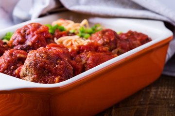 Beef  meatballs with spaghetti in  marinara sauce