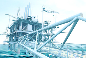 Oil rig building in the ocean, 3D rendering picture.