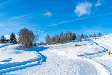 Winter landscape with with ski slopes in Seefeld in the Austrian state of Tyrol. Winter in Austria