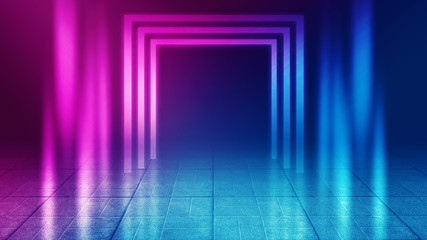 Background of empty room with concrete pavement. Blue and pink neon light. Smoke, fog, wet asphalt with reflection of lights