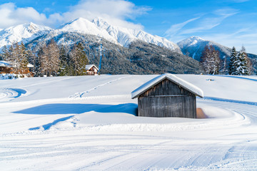 Winter landscape with with snow covered Alps in Seefeld in the Austrian state of Tyrol. Winter in Austria