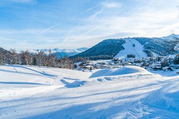 Winter landscape with with snow covered Alps and ske slope in Seefeld in the Austrian state of Tyrol. Winter in Austria