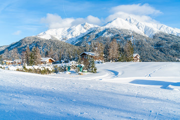 Winter landscape with with snow covered Alps in Seefeld in the Austrian state of Tyrol. Winter in...