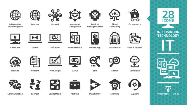 Information technology glyph icon set with IT network system, global internet, data center, communication, web site, social media, seo business, e-commerce, support, computer and mobile device sign.