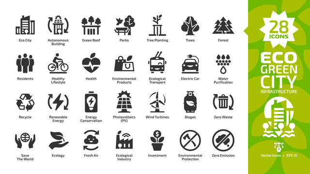 Eco Green City Glyph Icon Set With Ecology Town Infrastructure, Nature Environment Building, Renewable Energy, Recycle Technology, Urban Tree Save, Solar And Wind Power, Modern Home And Future House.