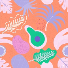 Collage contemporary floral seamless pattern. Modern exotic jungle fruits and plants. Creative design leaves pattern, hand drawn watercolor vector illustration. Monstera print © elenaverhoturova