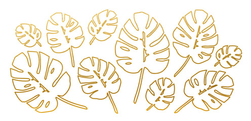 Golden Philodendron Leaves Set. Vector.