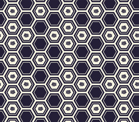 Monochrome honeycomb or hexagonal background with lotus flowers inspired by traditional Japanese kikko tortoise shell armour plate worn by Samurai