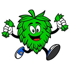 Hop Mascot Running with Money - A vector cartoon illustration of a Oktoberfest Hop mascot running with Money.