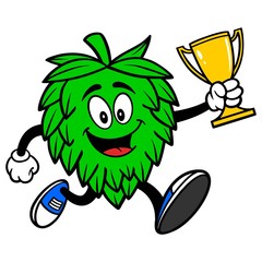 Hop Mascot running with a Trophy - A vector cartoon illustration of a Oktoberfest Hop mascot running with a Trophy.