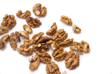  walnuts on a white background.  banner about diet and healthy eating